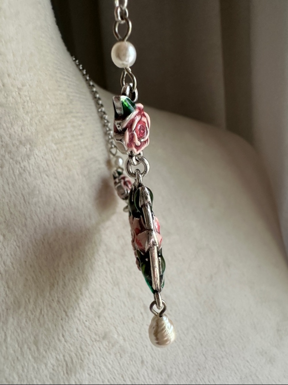 Brighton Silver-Tone Pink Enamel Rose Necklace with Pearl Drop - Picture 6 of 14